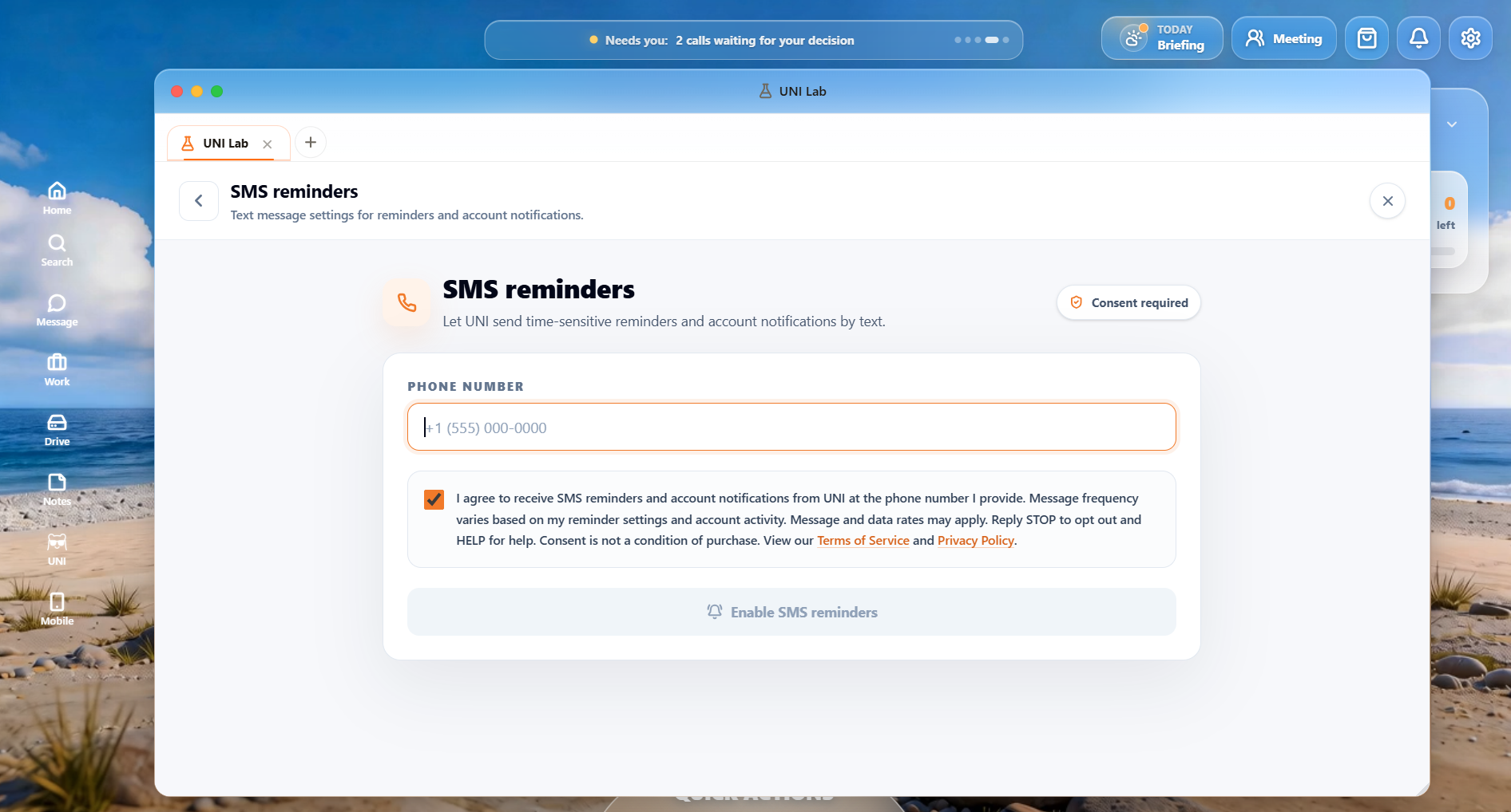 UNI app SMS reminders opt-in window showing a phone number field, consent checkbox, Terms of Service link, and Privacy Policy link.