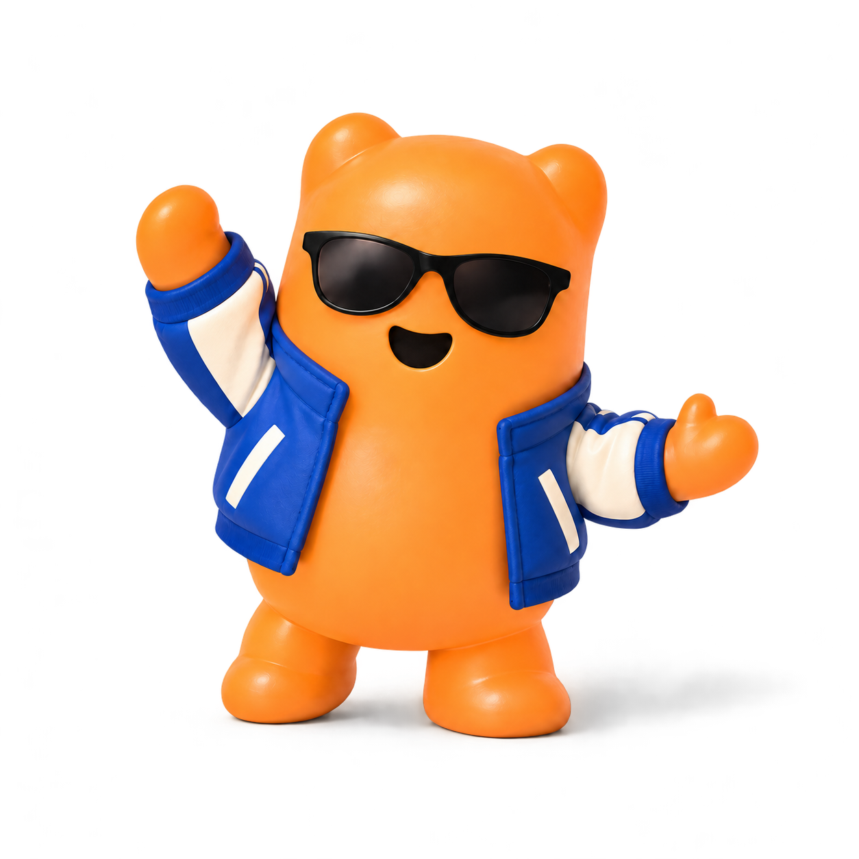 UNI waving in a blue varsity jacket